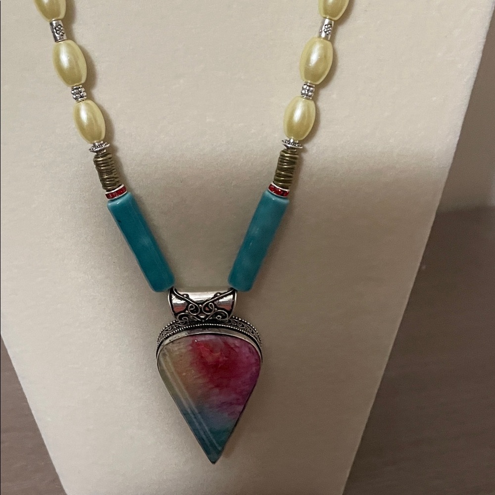 Artisan Turquoise and Silver Glass and Stone Pendant Necklace - Picture 11 of 11